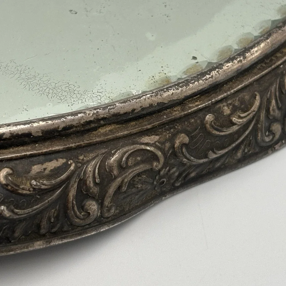 Antique Von Bergh‎ S.P. Co. Beveled Mirror Silver Plated Repousse Vanity Plateau